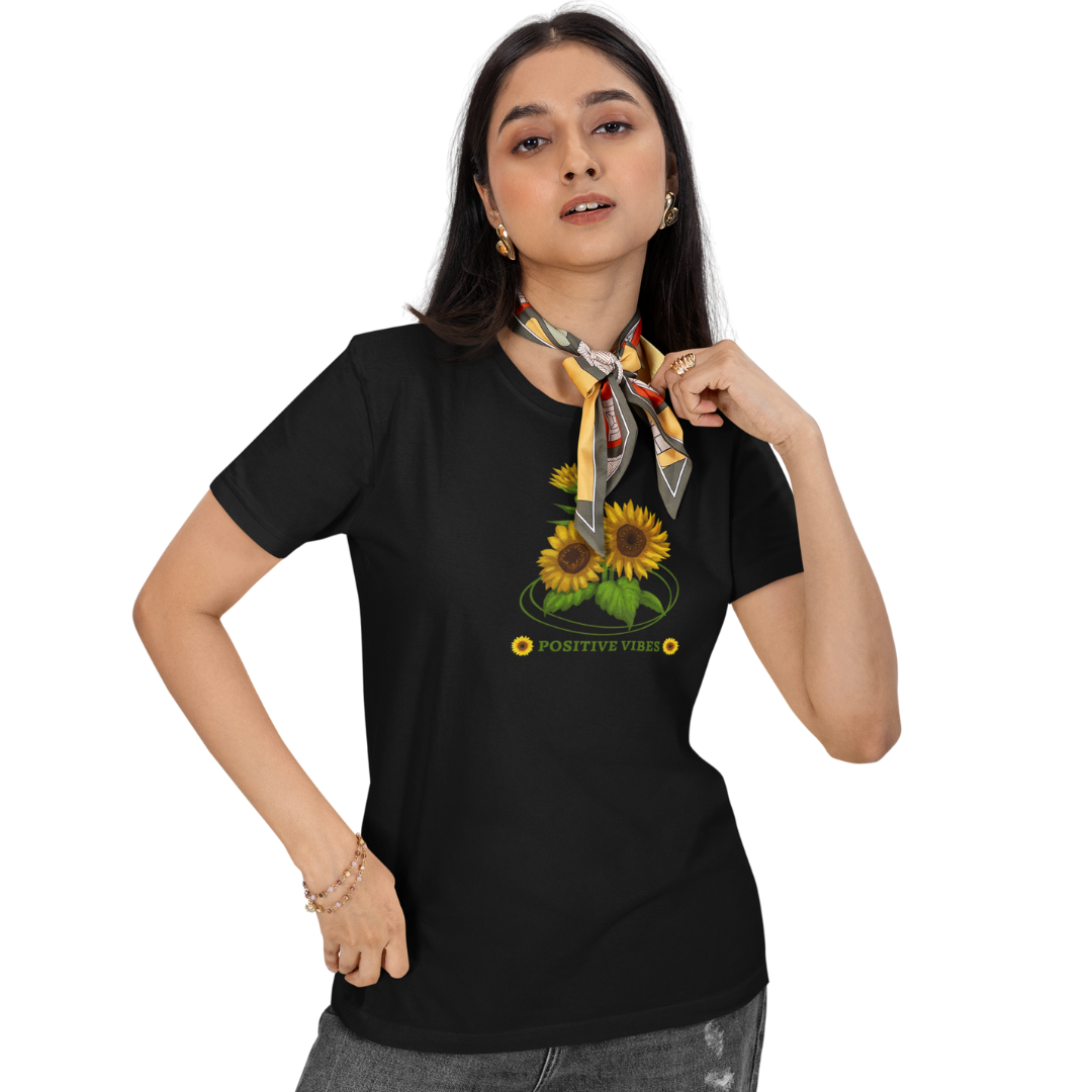 Positive Vibes Graphic T-Shirt for Women | Uplifting Design | Comfortable Casual Regular Fit | 100% Cotton