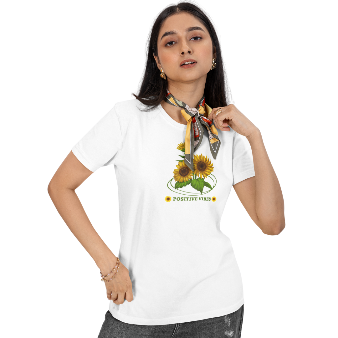 Positive Vibes Graphic T-Shirt for Women | Uplifting Design | Comfortable Casual Regular Fit | 100% Cotton