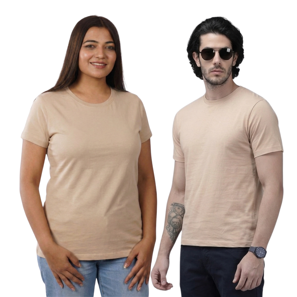 Chicemporia Couple T-Shirt Combo | Solid Beige Matching Tees for Men & Women (Pack of 2)