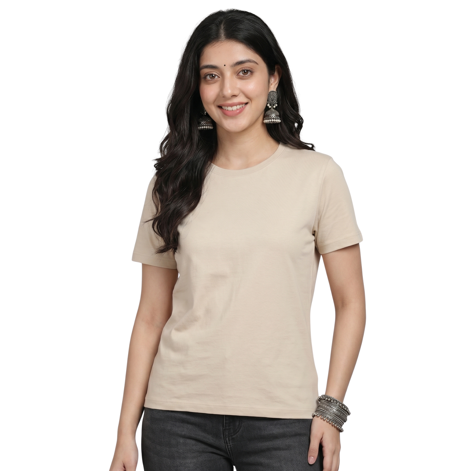 Chicemporia Women's Luxe Beige Ultra-Soft Regular Fit Tee