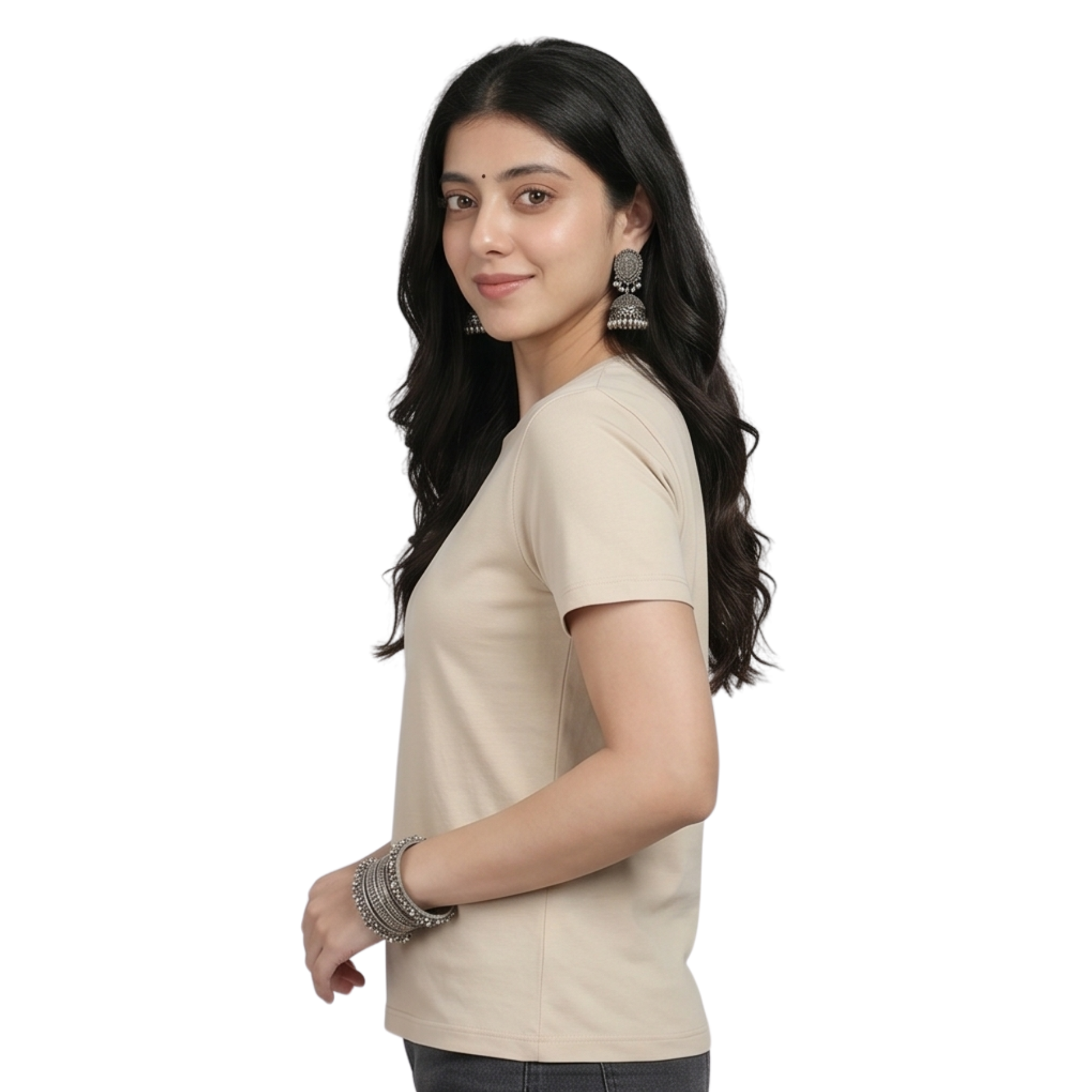 Chicemporia Women's Luxe Beige Ultra-Soft Regular Fit Tee