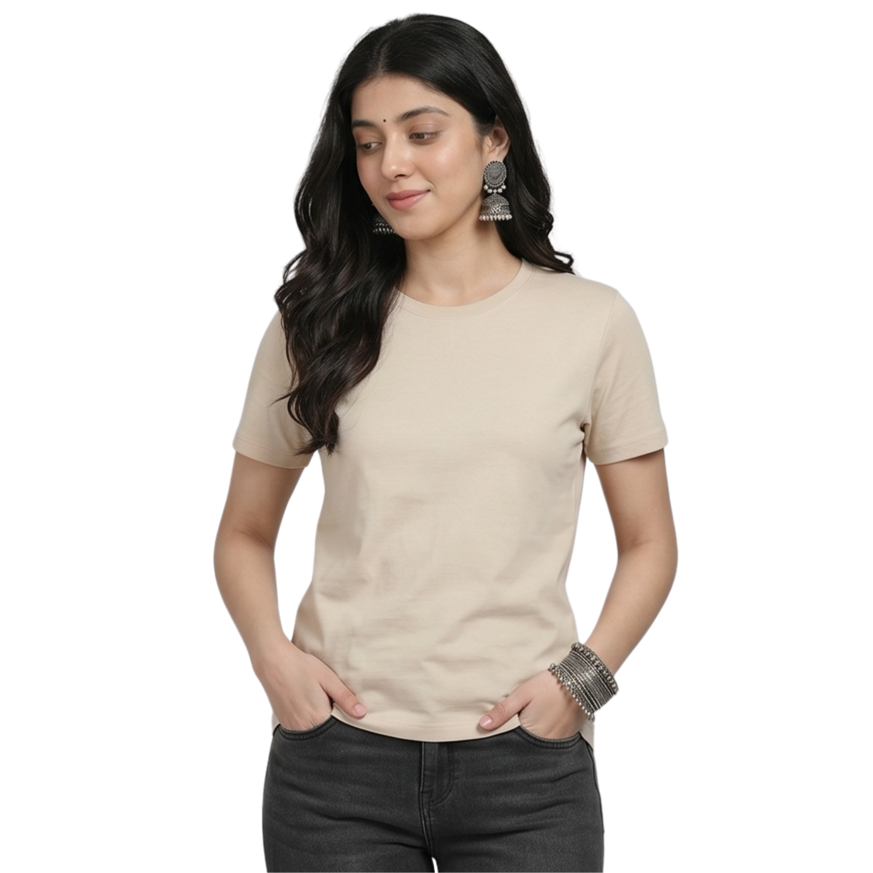 Chicemporia Women's Luxe Beige Ultra-Soft Regular Fit Tee