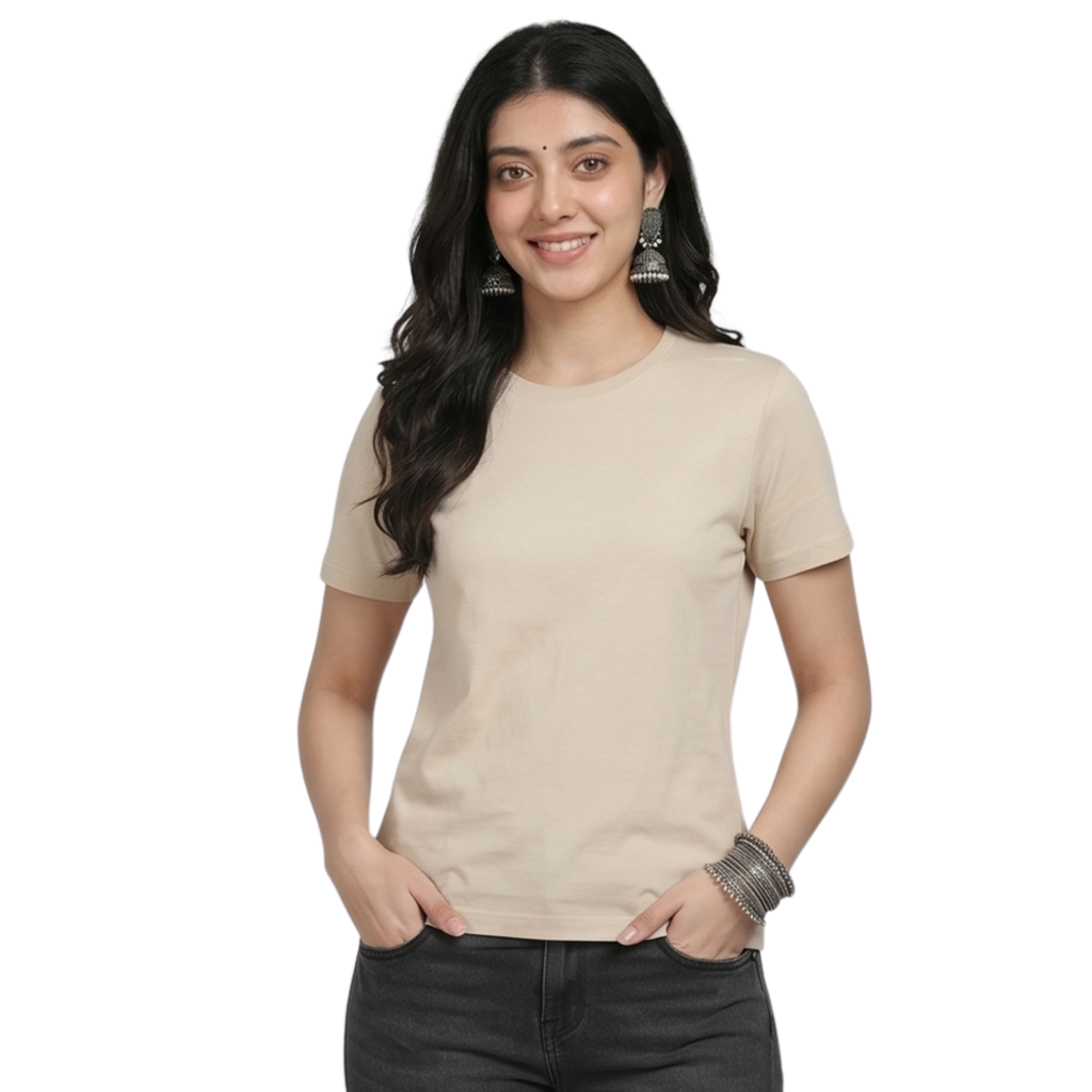 Chicemporia Women's Luxe Beige Ultra-Soft Regular Fit Tee