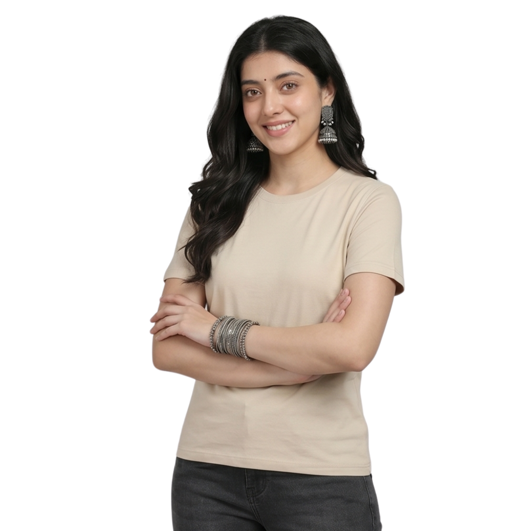 Chicemporia Women's Luxe Beige Ultra-Soft Regular Fit Tee