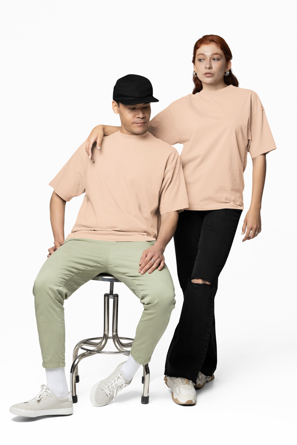 Chicemporia Oversized Unisex Beige T-Shirt | Premium Cotton Drop Shoulder Tee